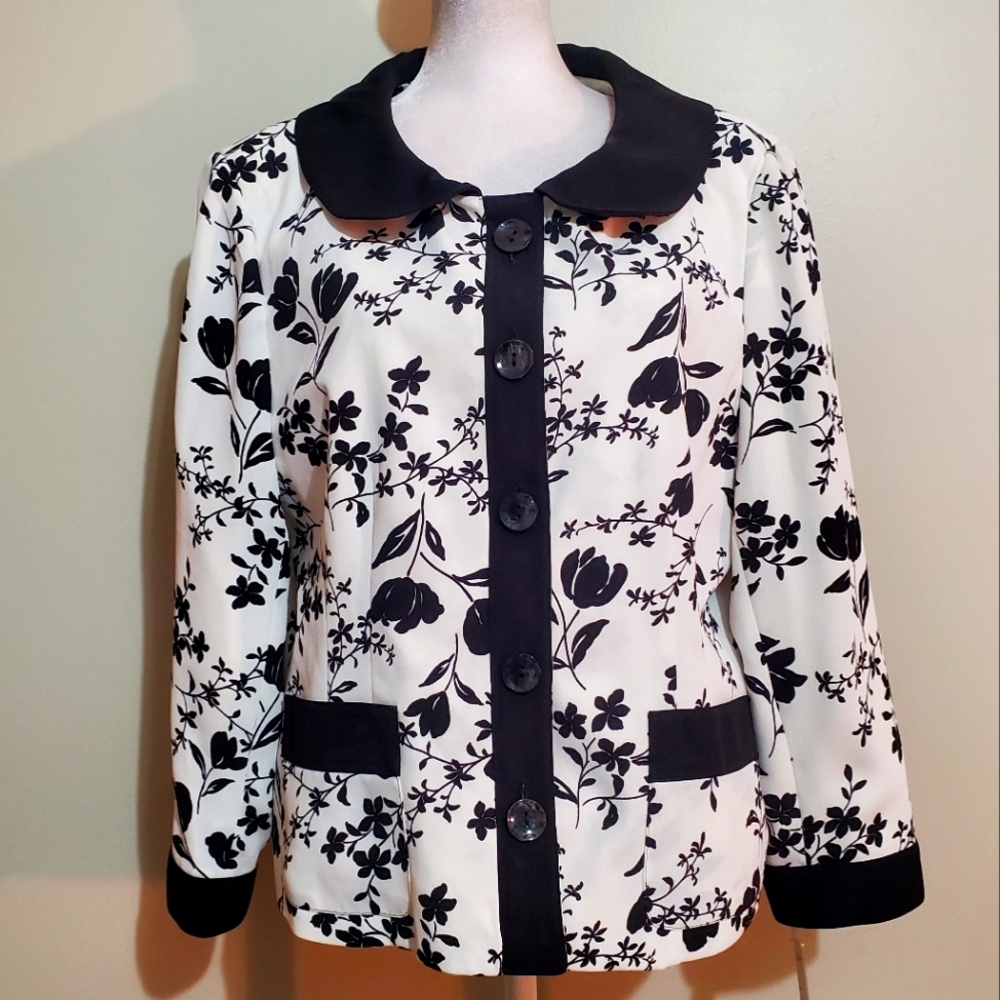 Harve Bernard  black cream floral 3/4 sleeve collared blazer jacket 14 NWT